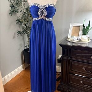 City Triangles Royal Blue Strapless Evening Gown with Rhinestone Accents